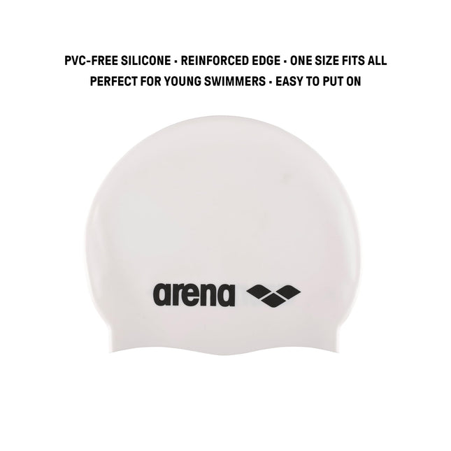 Arena Classic Silicone Swimming Cap Unisex for Girls and Boys - Comfortable and Durable - One Size - White/Black