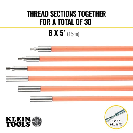 Klein Tools 50153 15-Foot Lo-Flex Flex Glow Fish Rod Set, (3) 1/4-Inch Fish Rods, Adapter, Bullet Nose, Attachments, Splinter Guard Coating