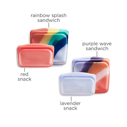 Stasher Reusable Silicone Storage Bag, Food Storage Container, Microwave and Dishwasher Safe, Leak-free, Bundle 4-Pack, Rainbow Splash + Purple Wave + Lavender + Red