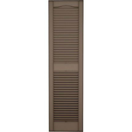 12"W x 64"H Lifetime Vinyl, Standard Cathedral Top Center Mullion, Open Louver Shutters, w/Installation Shutter-Lok's & Matching Screws (Per Pair), French Roast
