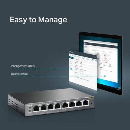 TP-Link conmutador PoE Gigabit de 8 puertos con 4 puertos PoE a 55 W, Easy Smart Plug & Play, protección de por vida, carcasa metálica resistente con puertos blindados, compatible con QoS, VLAN, IGMP y agregación de enlaces (TL-SG108PE)