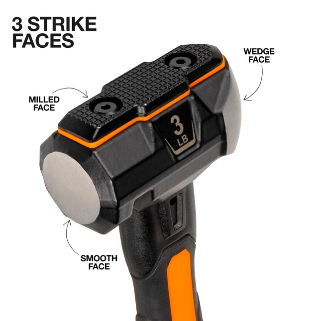 Klein Tools H80603 Sledgehammer, 3-Pound Wedge Hammer with Fiberglass Handle, Heavy-Duty, Shock-Resistant Design for Striking and Demolition, Includes Lanyard Hole