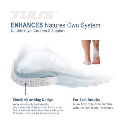 Tuli's Heavy Duty Gel Heel Cup, TuliGEL Shock Absorption Cushion Insert for Plantar Fasciitis, Sever's Disease and Heel Pain Relief, Large