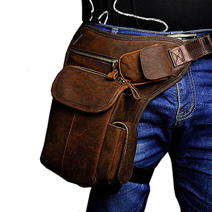 Leather Waist Pack Drop Leg Bag for Men Women Belt Bumbag Multi-Purpose Motorcycle Bike Outdoor Sports Tactical Cycling Riding Hiking Camping Pouch, #12Deep Brown, Medium