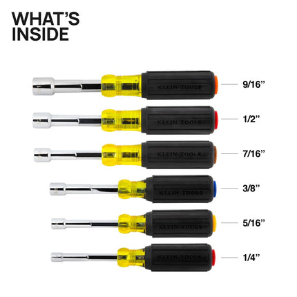 Klein Tools 65456MAG Heavy-Duty Hollow-Shaft Nut Driver Set, Magnetic, Color-Coded Hex Sizes 1/4 to 9/16-Inch, Cushion-Grip Handles, 6-Piece