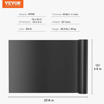 VEVOR 15 x 20 ft Pond Liner, 45 Mil Thickness, Pliable & Durable EPDM Material, Easy Cutting Underlayment for Fish or Koi,Waterfall, Fountains, Water Gardens, Black