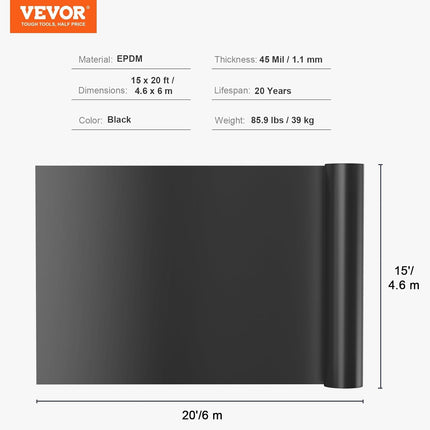 VEVOR Revestimiento para Estanques de 4.5 x 6 m, Grosor de 45 mil, Material EPDM Plegable y Duradero, Subyacente Fácil de Cortar para Peces o Carpas Koi, Cascadas, Fuentes, Jardines Acuáticos, Negro