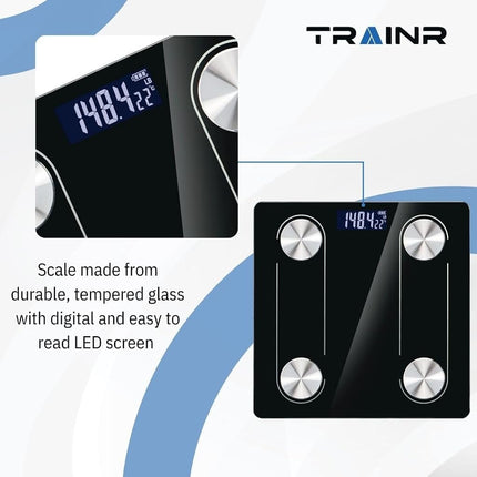 Trainr Digital Body Scale Trnr-BDYSCLE-BLK, Home Essential Body Weight Scale for People, Durable Bathroom Accessory, Smart Scale Compatible with Apple and Android OS, Workout and Fitness Equipment