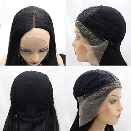 Xiweiya 1B Black Wigs Long Body Wavy Synthetic 12×1 T Part Synthetic Lace Front Wig Dark Black Soft Natural Hair Replacement Full Wig Heat Resistant Fiber For Women 24 inch