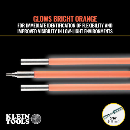 Klein Tools 50153 15-Foot Lo-Flex Flex Glow Fish Rod Set, (3) 1/4-Inch Fish Rods, Adapter, Bullet Nose, Attachments, Splinter Guard Coating