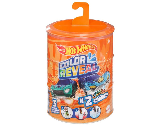 Hot Wheels Color Reveal Multipack con 2 coches sorpresa que cambian de decoración en agua tibia y helada, barril para sumergir, juguete para niños de 3 años en adelante