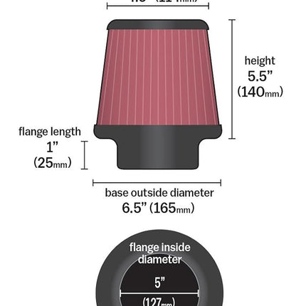 K&N Universal Clamp-On Air Filter: High Performance, Premium, Washable, Replacement Engine Filter: Flange Diameter: 5 In, Filter Height: 5 5 In, Flange Length: 1 In, Shape: Round Tapered, RU-5147