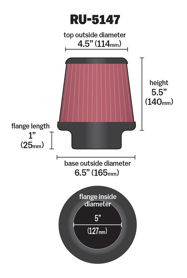 K&N Universal Clamp-On Air Filter: High Performance, Premium, Washable, Replacement Engine Filter: Flange Diameter: 5 In, Filter Height: 5 5 In, Flange Length: 1 In, Shape: Round Tapered, RU-5147