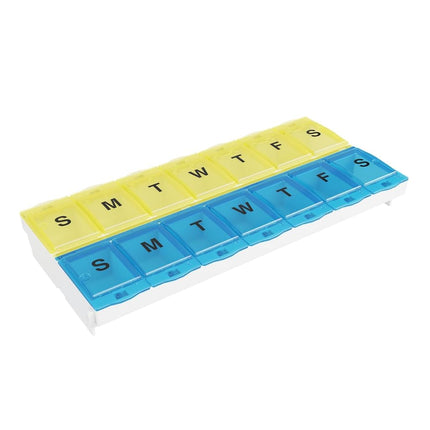 EZY DOSE Pill Organizer Weekly AM/PM (7-Day), Medicine Planner, Vitamin Case/Box, 2X-Large Locking Compartments to Secure Prescription and Prevent Accidental Spilling, Blue and Yellow, BPA Free