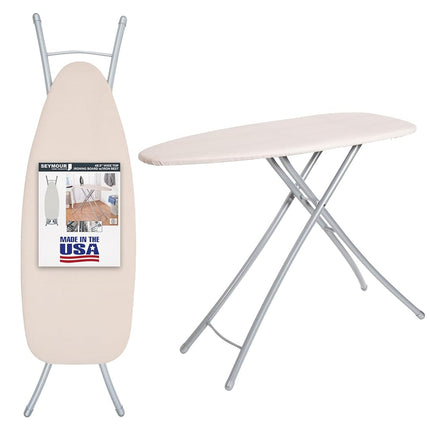 Seymour Home Products Adjustable Height Wide Top Ironing Board | 18” Wide Top, Steam-Flow Mesh, Stain-Resistant Cover | All-Steel Frame | Linen Beige