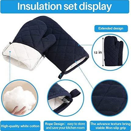 M Miaoyan Oven Mitts and Pot Holders 4 pcs Set,High Heat Resistant 500 Degree Extra Thicken Long Kitchen Cotton Oven Glove for Cooking (12 Inch,Deep Blue)