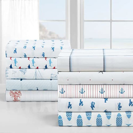 Nautica Sheet Set-100, Crisp & Cool, Lightweight & Moisture-Wicking Bedding, Cotton, Costazul Blue/Red/White, Twin