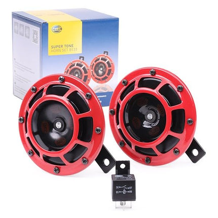 Hella Stark Sound – 109.23.37 – Red Set 12 V High/Low Frequency Hella Super Tone Horn Set B 133, 12 Volt