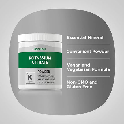 Potassium Citrate Powder | 16 oz | Vegan, Vegetarian, Non-GMO, Gluten Free Supplement | by Piping Rock