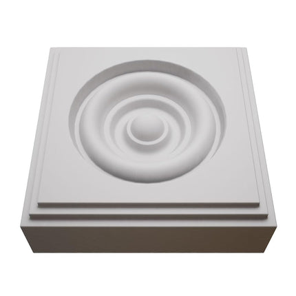 3 1/2"W x 3 1/2"H x 7/8"P Americraft Solid Paint Grade Wood Square Rosette with Center Bullseye with Decorative Edge, Primed Pine