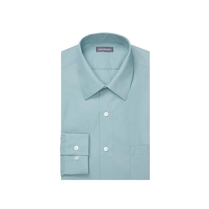 Van Heusen Men's Poplin Fitted Solid Point Collar Dress Shirt, Ocean Mist, 17" Neck 34"-35" Sleeve