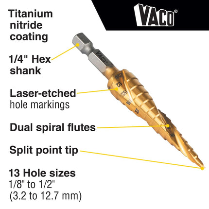 Klein Tools 25964 Step Drill Bit, 1/8 to 1/2-Inch, Spiral Double-Fluted, Cuts Thin Metal, Plastic, Aluminum, Wood, 1/4-Inch Hex Shank, VACO