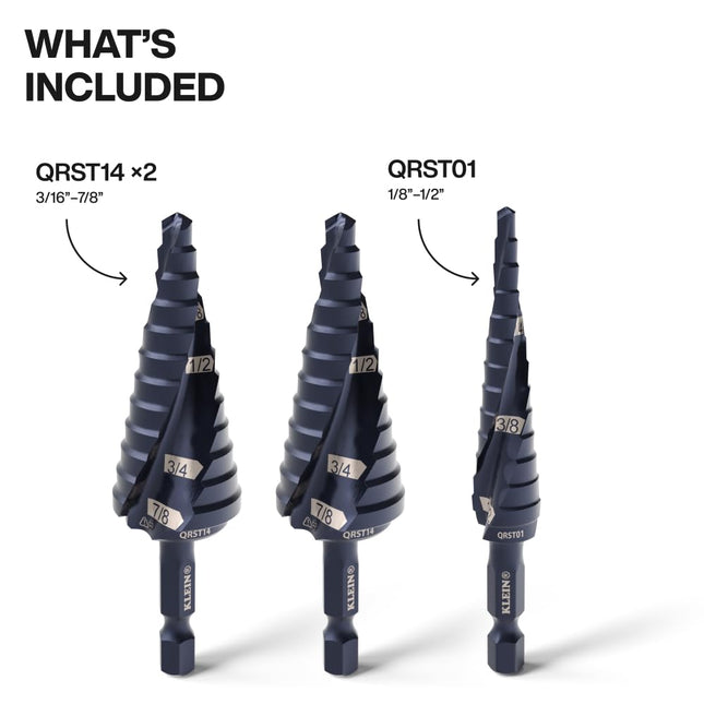 Klein Tools QRST2S Quick-Release Step Bit Set, 3-Piece, Durable Aluminum Titanium Coating, Impact-Rated Hex Shank