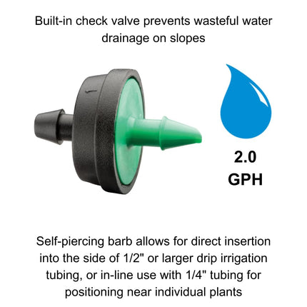 Rain Bird CVD2010PKXS Drip Irrigation Dripper/Emitter with Built-In Check Valve, 2 Gallon Per Hour, 10-Pack, Black/Green