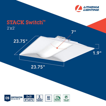 Lithonia Lighting STAKS 2X2 ALO3 SWW7 2 ft. x 2 ft. Stack Switch LED Lay-in Ceiling Light Fixture for Commercial Use, 3500K-5000K Switchable Color Temperature, 3000-5000 Adjustable Lumens, White