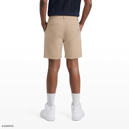Pantalones cortos tipo chino de uniforme escolar para niño IZOD con frente liso, tejido de alto rendimiento que absorbe la humedad, resistente a las arrugas y a la decoloración, Caqui, 18