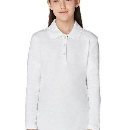 French Toast Girls' Long Sleeve Interlock Polo with Picot Collar, White, 10-12 Plus