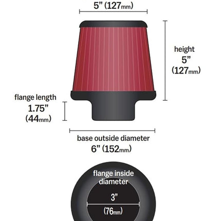 K&N Universal Clamp-On Air Filter: High Performance, Premium, Washable, Replacement Filter: Flange Diameter: 3 In, Filter Height: 5 In, Flange Length: 1.75 In, Shape: Round Tapered, RU-3570