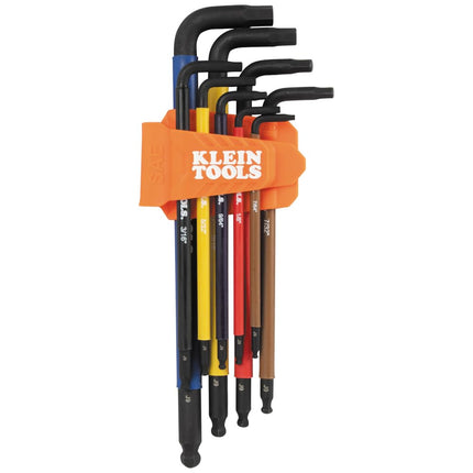 KLEIN TOOLS BLS9 9-Piece Extra-Long Hex Key Set, SAE Color-Coded L Style Ball-End Keys with Caddy, Heat-Treated, Sizes 7/64-Inch to 3/8-Inch