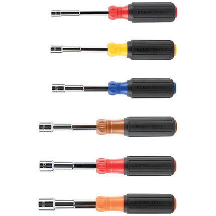 Klein Tools 65411 Hollow-Shaft Nut Driver Set, Heavy-Duty, Color-Coded Hex Sizes 1/4 to 9/16-Inch, Cushion-Grip Handles, 6-Piece