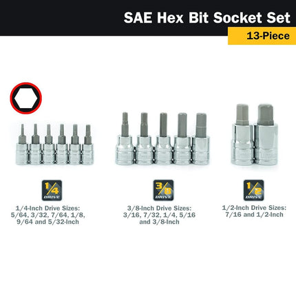 Titan 85530 13-Piece SAE Hex Bit Socket Set, Magnetic Socket Organizer with Laser-Etched Size Markings