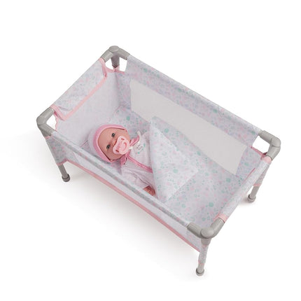 JC Toys - Foldable Travel Cot- Playground, dolls up to 45 cm, easily assembled and disassembled, includes bag, pillow and blanket, floral decoration, designed by Berenguer, + 3 years