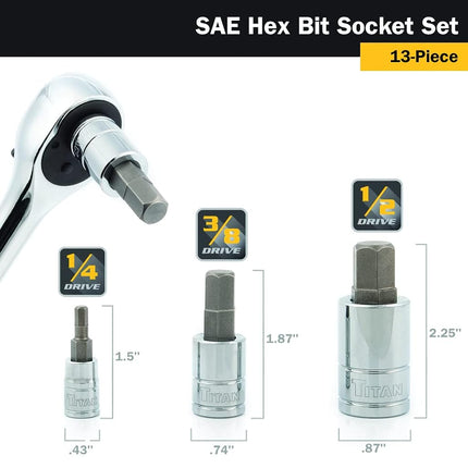 Titan 85530 13-Piece SAE Hex Bit Socket Set, Magnetic Socket Organizer with Laser-Etched Size Markings