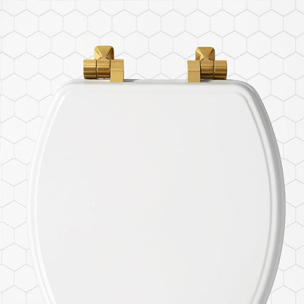 Mayfair 826BGSL 000 Asiento de inodoro Benton con bisagras de oro cepillado, cierre lento y nunca se afloja, redondo, madera esmaltada duradera, blanco