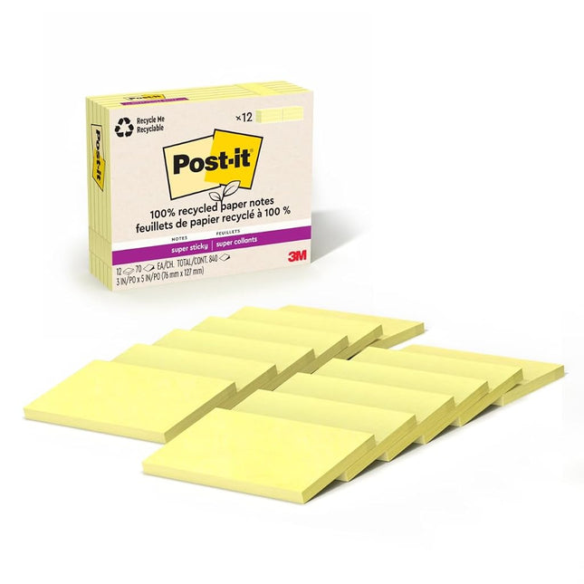 Post-it 100% Recycled Paper Super Sticky Notes, 2X The Sticking Power, 3x5 in, 12 Pads/Pack, 70 Sheets/Pad, Canary Yellow(655R-12SSCY)