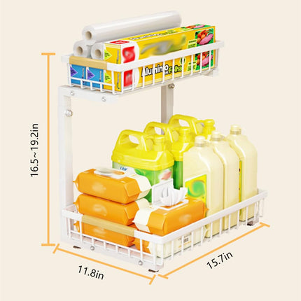 Under Sink Organizer, Under Kitchen Sink Organizers and Storage Basket, Slide Out 2 Tier Metal Shelf, Carbon Steel Pantry Cabinet Organizer for Bathroom Kitchen