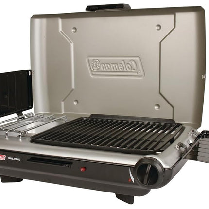Parrilla y estufa de mesa 2 en 1 Coleman con 2 quemadores ajustables, parrilla/estufa de propano con encendido de botón, protectores contra el viento, bandeja para la grasa y 20,000 BTU de potencia para camping, pícnics y mucho más