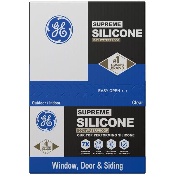 Mastic silicone GE Supreme pour fenêtre et porte, transparent, cartouche de 300 ml, lot de 12 - Mastic silicone 100 % étanche, adhérence 7 fois plus forte, résistant au retrait et aux fissures