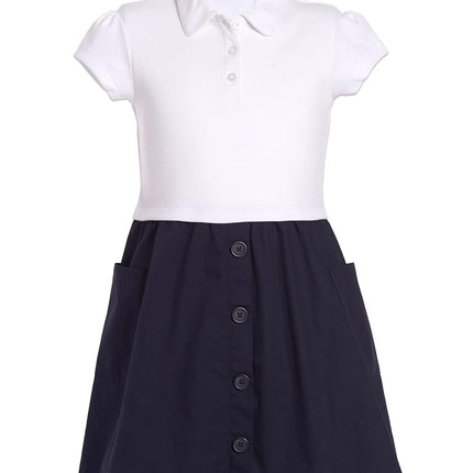Nautica Girls' School Uniform Short Sleeve Polo Dress, White/Navy Poplin, 16