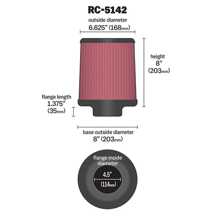 K&N Universal Clamp-On Air Filter: High Performance, Premium, Washable, Replacement Filter: Flange Diameter: 4.5 In, Filter Height: 8 In, Flange Length: 1.375 In, Shape: Round Tapered, RC-5142