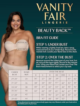 Vanity Fair Women's Beauty Back Smoothing Strapless Bra, 4-Way Stretch Fabric, Lightly Lined Cups Up to H, Opaque, Star White, 40D