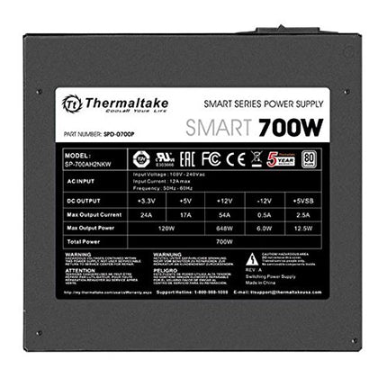 Thermaltake Smart 700W 80+ White Certified PSU, potencia continua con ventilador ultrasilencioso de 120 mm, fuente de alimentación ATX 12V V2.3/EPS 12V con PFC activo PS-SPD-0700NPCWUS-W