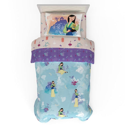 Juego de edredón y sábanas de microfibra supersuave de 4 piezas tamaño twin de Franco Disney Princess Mulan para niños (producto con licencia oficial)