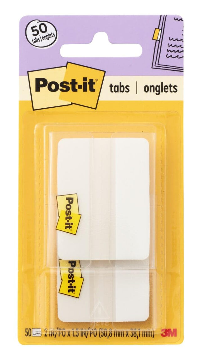 Onglets Post-it, 5 cm, Plein, Blanc, 25 onglets/distributeur de poche, 2 distributeurs/paquet (686F-50WH) (lot de 2)