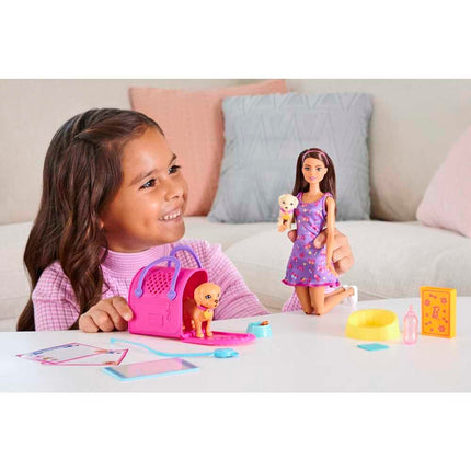 Barbie Doll and Accessories Pup Adoption Playset with Brunette Doll in Purple, 2 Puppies, Color-Change Animal and Pee Pad, Working Carrier and 10 Pieces