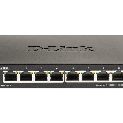 D-Link DGS-1100-08V2 8-Port Gigabit Smart Managed Switch with VLAN support, layer 2 features, QoS, 802.3az EEE, Fanless, Black